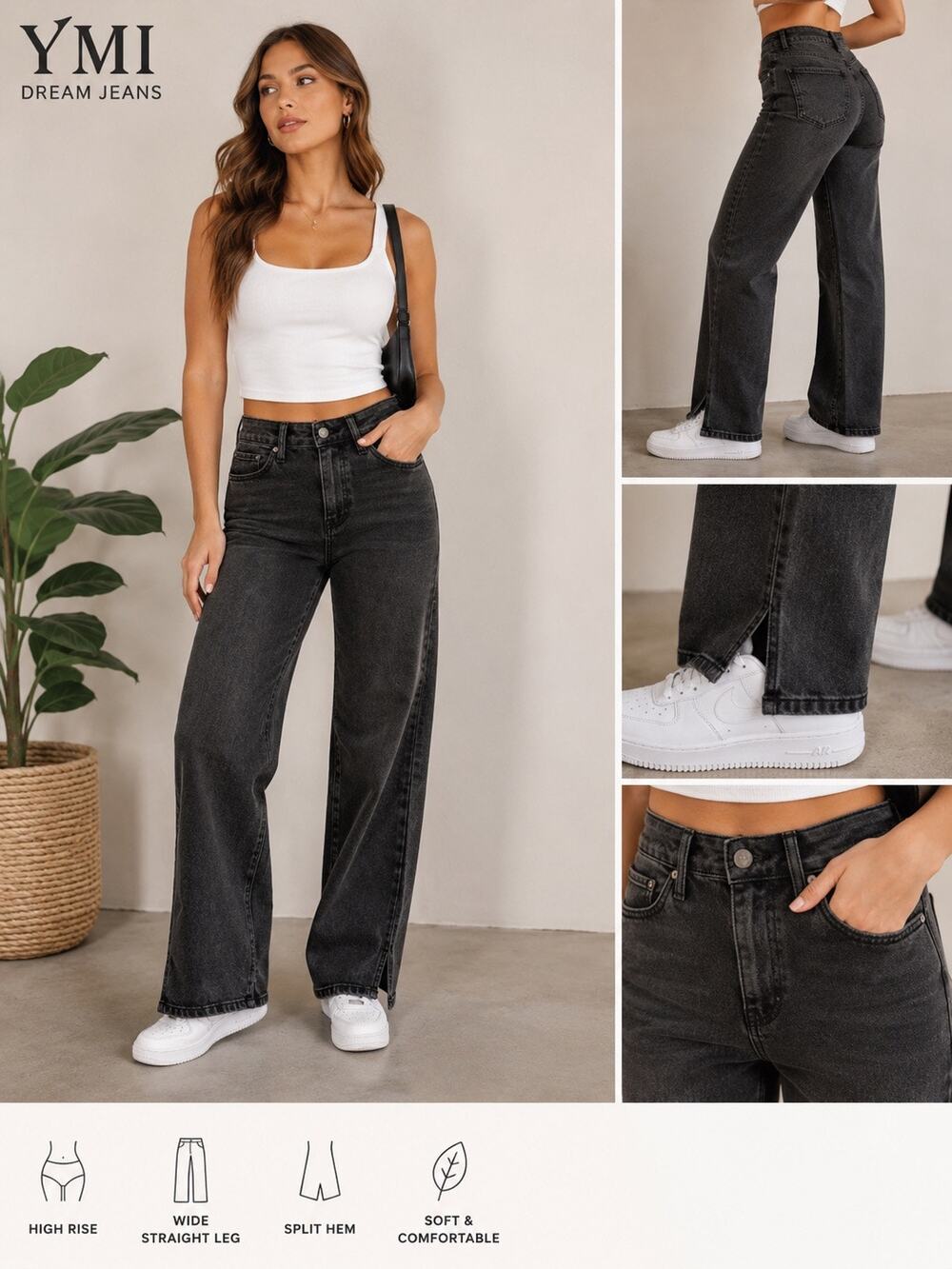 YMI Jeans Womens 9 29 Black High Rise 90s Straight Leg Split Hem NWT